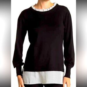 ADRIANNA PAPELL NWT Black White Polka Dot Ruffle Collar Layered Sweater Size M